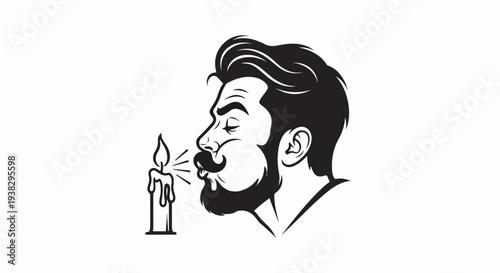 Bearded man with mustache blowing out a lit candle