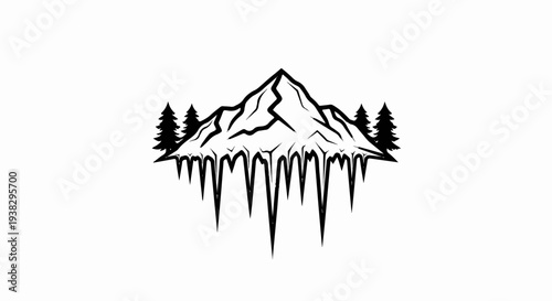 Black and white illustration of a mountain range with pine trees and icicles