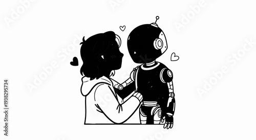A stylized drawing depicts a person and a robot in a tender embrace with hearts floating