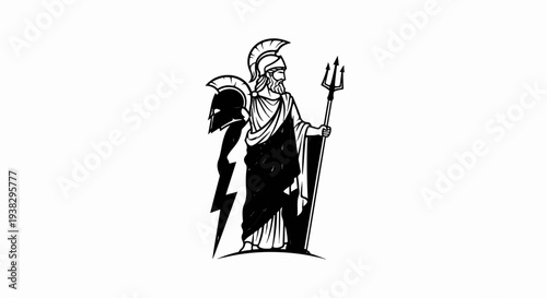 A stylized figure in a helmet and toga holds a trident
