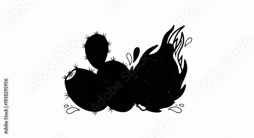 A silhouette of prickly pear cactus with a dragon fruit