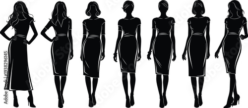 Set of elegant women silhouettes in stylish dresses, diverse female poses, black vector fashion illustration isolated on white background for modern design projects