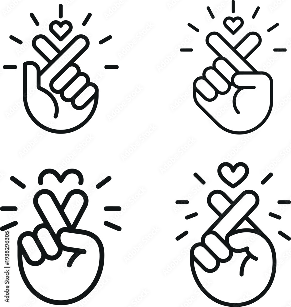Fototapeta premium Four Line Art Icons Of Finger Heart Gesture love hand