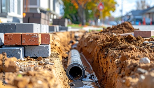 Trench with pipe in residential street; bricks, dirt piles. Focus is on the pipe in the trench