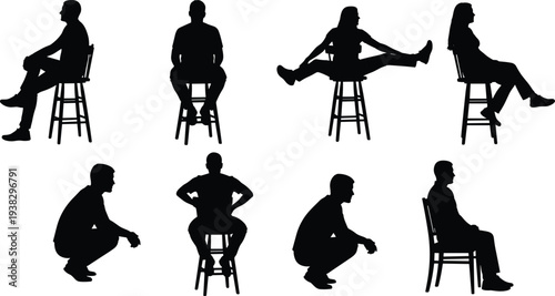 Set of people sitting silhouettes on chair and stool in different poses isolated on white background, black vector illustration collection for design use