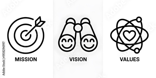Mission Vision Values Icons Set with Target Goal Binoculars and Strategy Business Concept Symbols