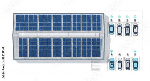 Modern Solar Panel Array Charging Electric Vehicles in Parking Lot.