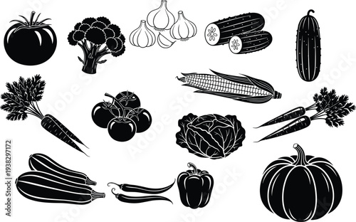 Vegetable Silhouette Collection with Tomato, Carrot, Broccoli, Corn and Pumpkin, Fresh Farm Produce Black Vector Set Isolated on White Background
