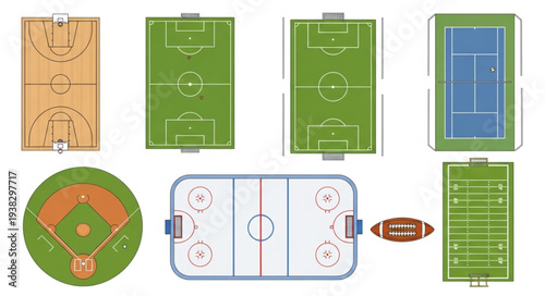 Collection of Various Sports Fields and Courts Illustrated Top View.