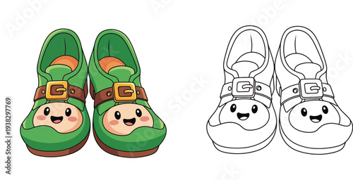 Cute cartoon leprechaun shoes with smiling faces St Patricks Day color and black and white coloring page vector