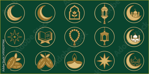 Set of golden Islamic Ramadan vector icons on a dark green background.