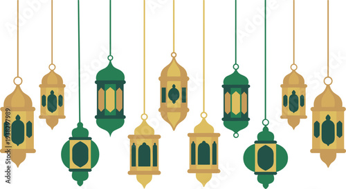 Ramadan Lantern Decoration Set, Islamic Hanging Lamps, Arabic Fanous Lights, Eid Mubarak Ornament, Green Gold Ramadan Kareem Vector