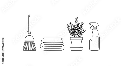 Line Art Collection of Essential Home Cleaning and Household Items, Featuring a Broom, Folded Towels, a Potted Plant, and a Spray Bottle, Symbolizing Domesticity and Tidiness