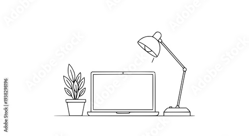 Clean and modern workspace setup featuring a laptop, desk lamp, and a potted plant on a white background, perfect for remote work or office design
