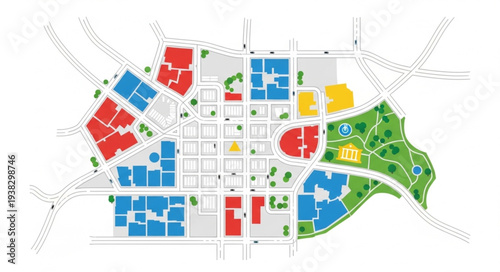 Urban Development Map with Colorful Buildings.