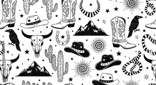 Western Cowboy Doodle Set with Boots, Hats, Cactus, Skull and Horseshoe Hand Drawn Illustration