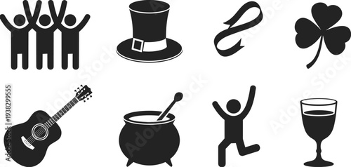 St Patrick Day Icon Set, Irish Celebration Symbols, Shamrock Clover, Leprechaun Hat, Beer Glass, Guitar, Cauldron Silhouette Vector