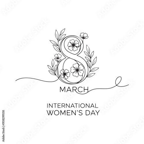 Minimal line typography for International Womens Day in March with floral March 8 line minimal typography