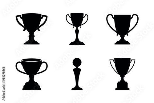 Trophy Cup Icon Vector Set Featuring Award Trophy Silhouettes Victory Winner Prize Achievement Recognition Celebration Vector Illustration