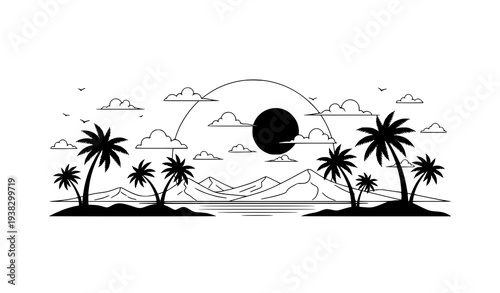 Paradise Sunset with Palm Trees Mountains and Clouds Tropical Landscape Silhouette Vector