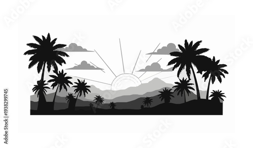 Tropical Palm Trees and Mountain Sunset Panoramic Silhouette Vector Paradise Landscape