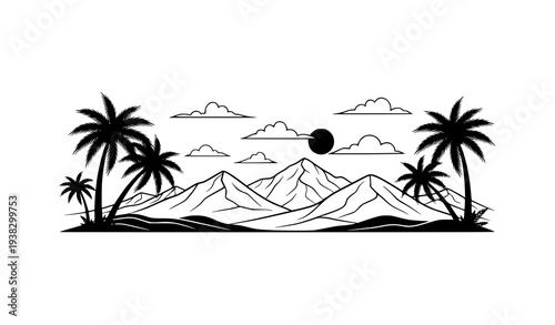Minimal Tropical Paradise Sunset Landscape with Palm Trees and Mountains Silhouette Vector