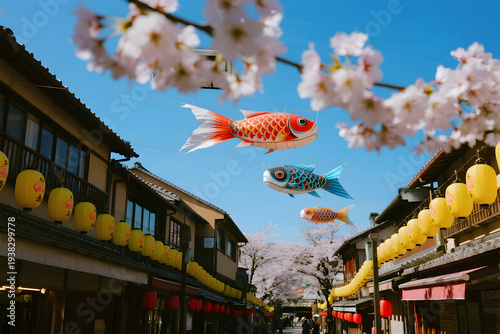new May 5th Festival Cherry blossoms and fish lanterns in street