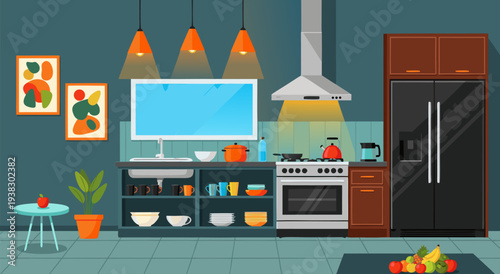 Modern kitchen interior design vector illustration with appliances and fruit in a contemporary home setting