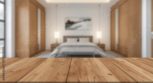 Clear wooden surface with contemporary bedroom blur showing duvet bed and closets
