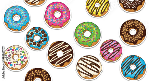 Colorful donuts with various toppings.