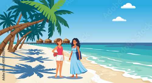 Tropical Beach Vacation Vector Illustration with Two Women Enjoying a Sunny Day by the Ocean