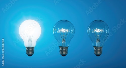 Bright eco friendly light bulb shining next to inactive incandescent lights on a blue background illustrating uniqueness and energy saving