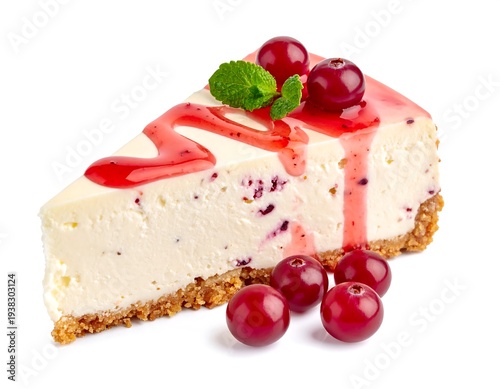 Triangular slice of creamy cheesecake, dotted with red berries, topped with glaze, garnished with mint on white