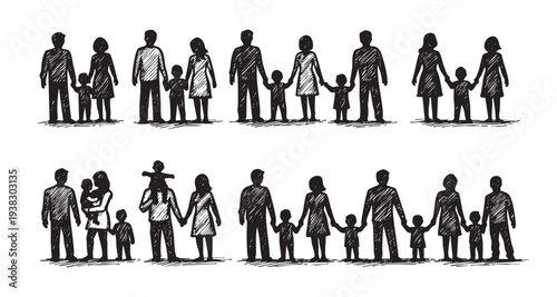 Illustrated silhouette-style families walk holding hands, conveying unity, love, and connection in a simple, powerful visual; great for family planning, support, community graphics.