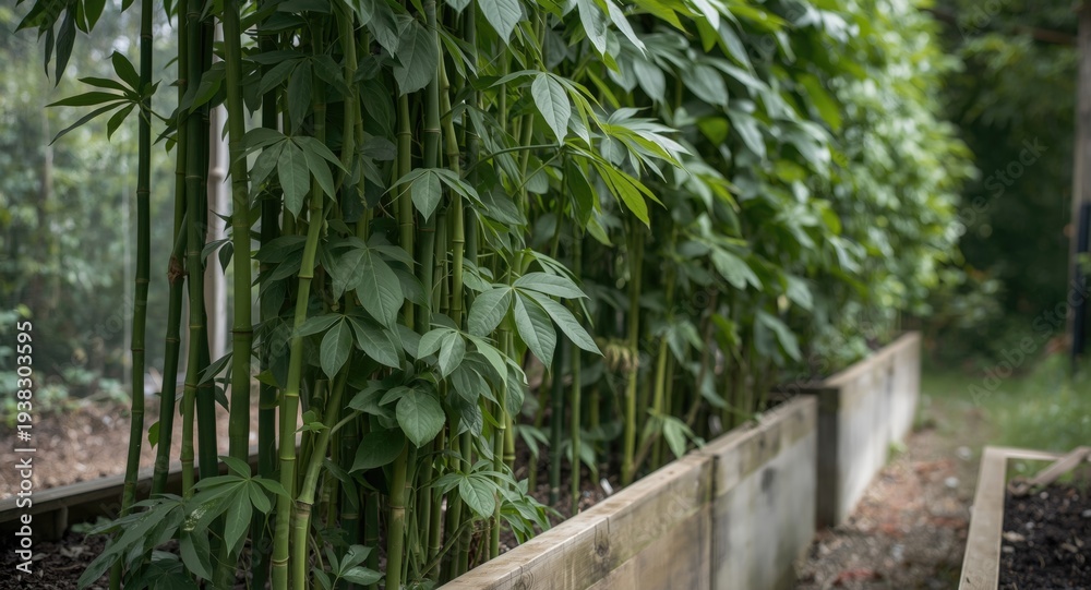 Obraz premium Bamboo supported organic runner beans growing in a raised vegetable patch