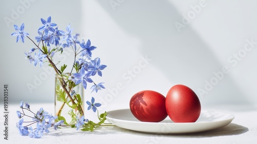 Minimal Easter still life with red eggs on white plate and blue spring flowers in glass vase, soft pastel tones, natural light, clean composition, festive spring decoration concept