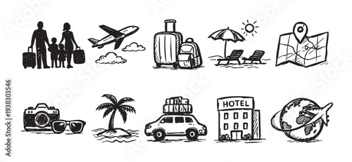 Set of travel icons includes family, airplane, luggage, beach, map, camera, island, car, hotel and globe, hand-drawn in a doodle style for tourism concepts.