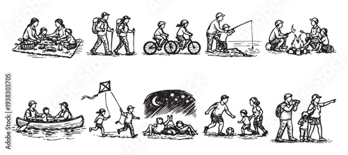 Black and white illustration depicting families enjoying outdoor activities like picnics, hiking, biking, fishing, camping, boating, and playing games, ideal for recreational or lifestyle themes.