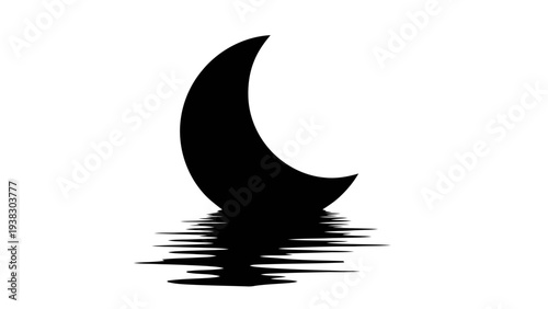 Vector illustration of black crescent moon shape with reflection on water surface on a transparent background