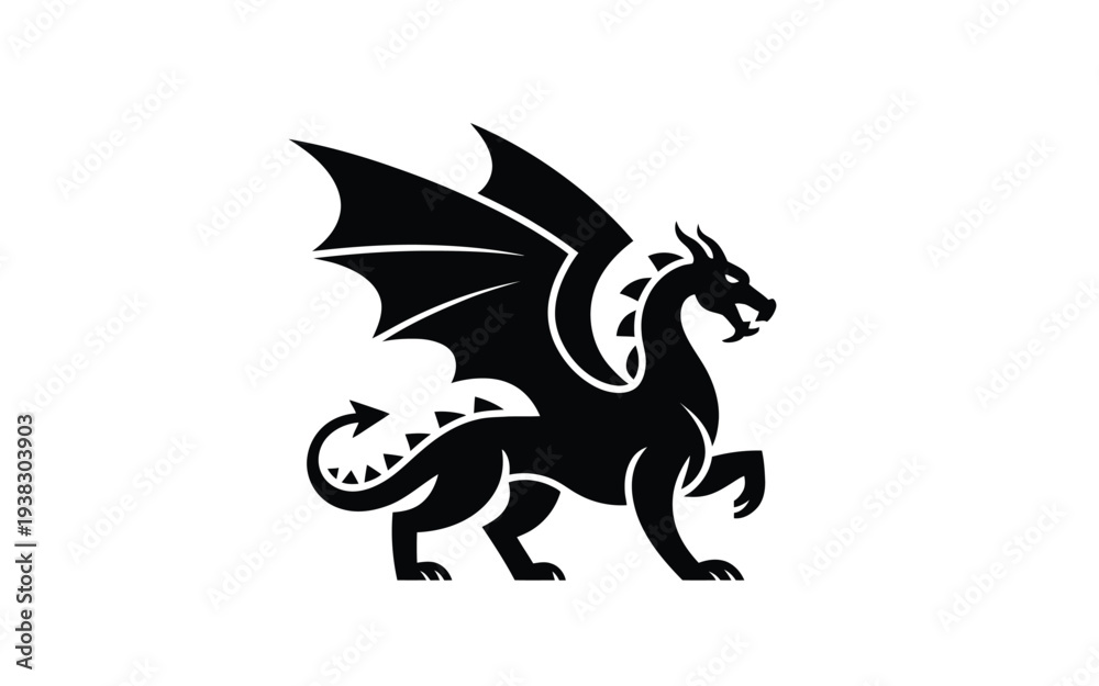 Fototapeta premium Mythical dragon silhouette with wings spread mythological creature in black on white background