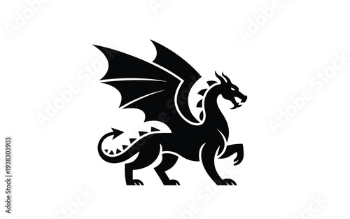 Mythical dragon silhouette with wings spread mythological creature in black on white background
