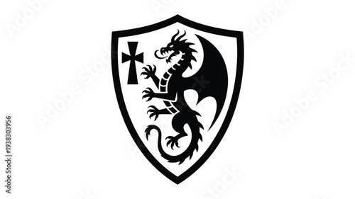 Heraldic dragon emblem with cross on shield medieval crest symbol black and white logo icon