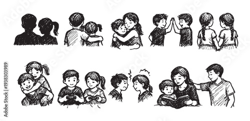 Set of hand drawn illustrations of children interactions in various stages: hugging, playing, reading, arguing, holding hands. Drawn in black ink on white background in cartoon style.