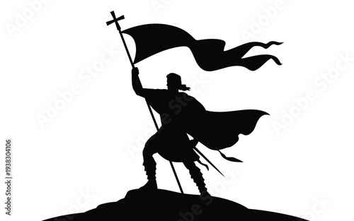 Silhouette of a victorious medieval knight holding a cross flag on a hill symbolizing triumph and courage in a dramatic landscape