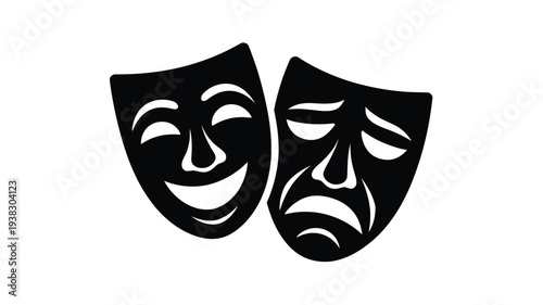 Theatrical comedy and tragedy masks in black on white background for drama and performance themes