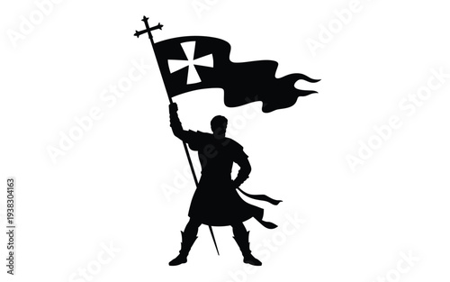 Medieval knight silhouette holding cross flag medieval warrior with crossed flag knight in armor