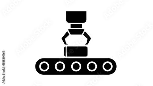 Vector illustration of a black robotic arm on a conveyor belt on a transparent background