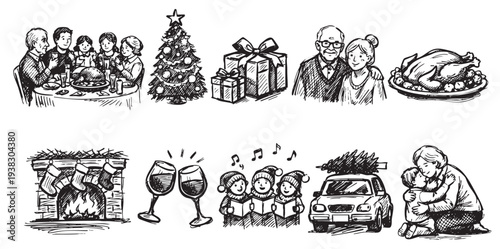 Hand-drawn style illustrations depict a warm family celebration for Christmas, featuring a festive dinner, decorations, gifts, caroling, and embraces, showcasing holiday cheer and togetherness.