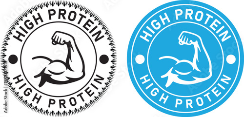 High Protein Nutrition Badge Set with Strong Arm and Chicken Leg Icon in Circular Seal Design, Modern Fitness Food Label Collection for Healthy Packaging, Meal Prep Branding