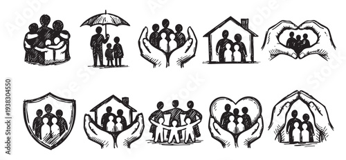 Collection of sketched family icons represents family protection, insurance, home, and support themes in simple black and white drawings, suitable for various design purposes.